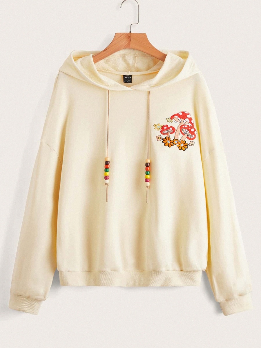 

Drop Shoulder Mushroom & Floral Embroidery Drawstring Hoodie 64Lm#, Khaki