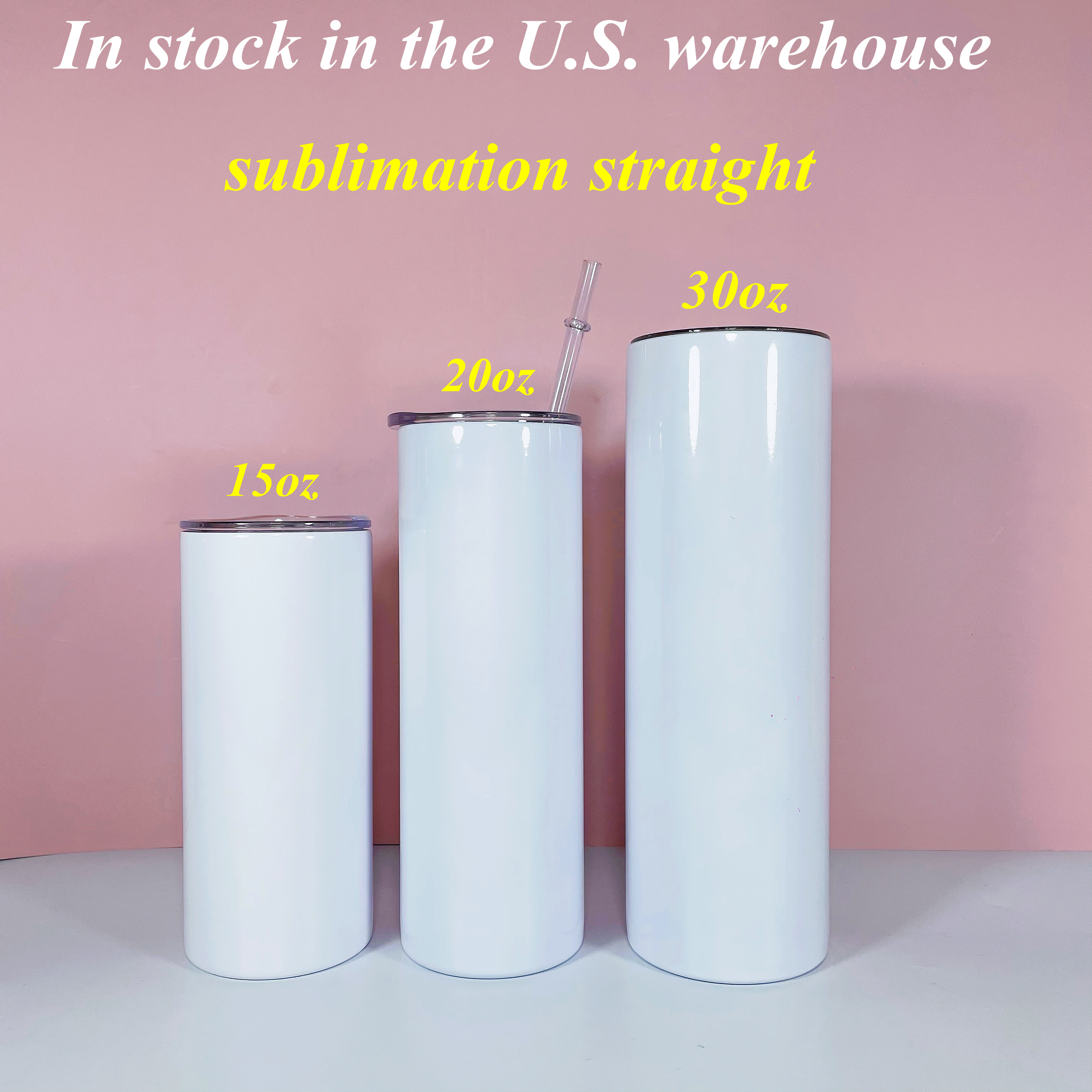 

US STOCK!!15oz 20oz 30oz sublimation straight tumbler blank skinny straight tumblers stainless steel vacuum insulated travel mug seamless cup(short delivery time), White