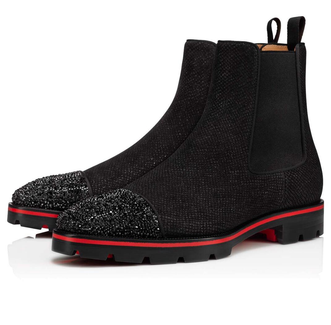 

Top Quality Red Bottom Melon Strass Ankle Boots Men's Suede & Calfskin & Grained Leathers Lug Sole Luxury Fashion Martin Booties EU38-47