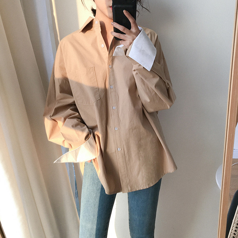 

2 colors patchwork sleeve blouse shirt korean sweet loose long sleeve blouse spring women long sleeve tops (F3619), White