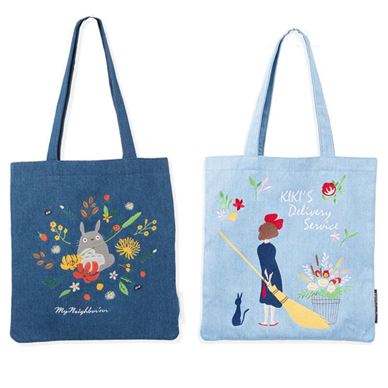

Evening Bags Totoro Kiki's Delivery Service Denim Canvas Shoulder Embroidery Handbag Top Handle For Women Cute Eco Shopping Bag, Blue