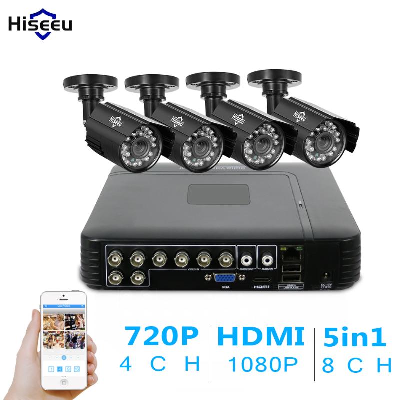 

Hiseeu 8CH AHD 5 IN 1 DVR CCTV Camera System 4pcs 720P Weatherproof IR Outdoor 1.0MP Home Security Surveillance Kit Systems