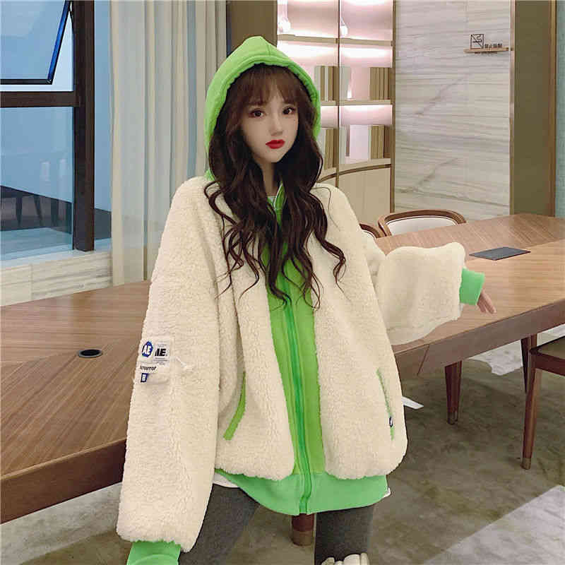 

women's fur & faux winter harajuku hoodie jacket thickened loose imitation lamb wool coat korean fake two-piece cardigan warm qui, Black
