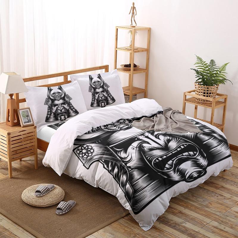 

Bedding Sets Japanese Style Samurai Helmet White Set For Bedroom Soft Bedspreads Bed Home Duvet Cover Quilt Pillowcase, As pic