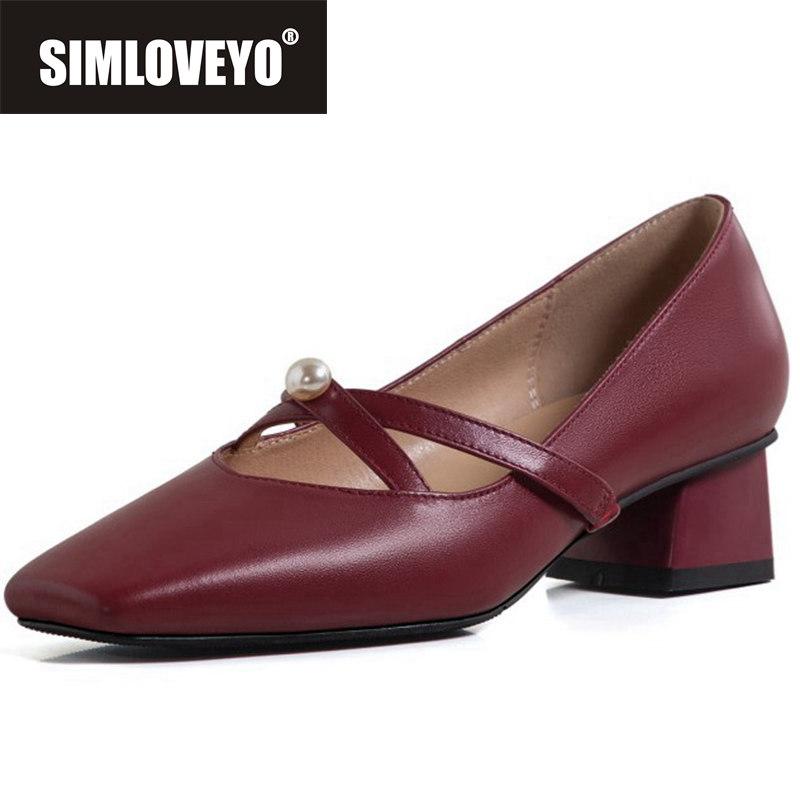 

2021 Women Pumps Square Toe 3.5cm Strange Heels Genuine Leather Slip-On Classic Elegent Pearl Big Size 40 B2477 Dress Shoes, Black