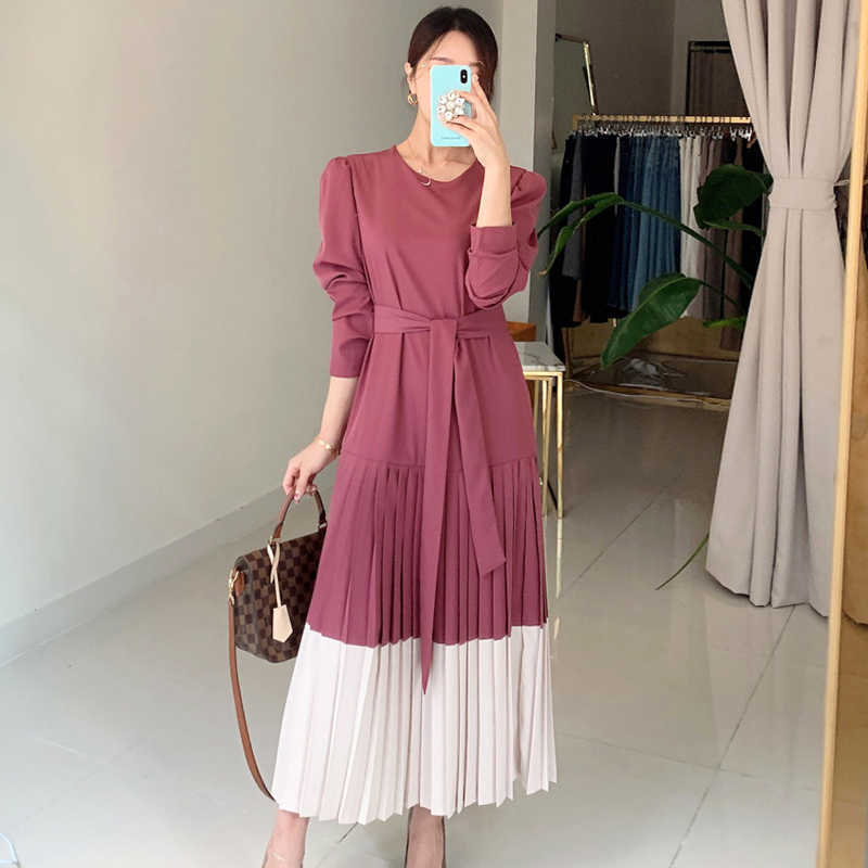 

Spring and Summer Korean Fashion Casual Loose Women' Dress Elegant Round Neck Tie Fold Stitching Long 210615, Red