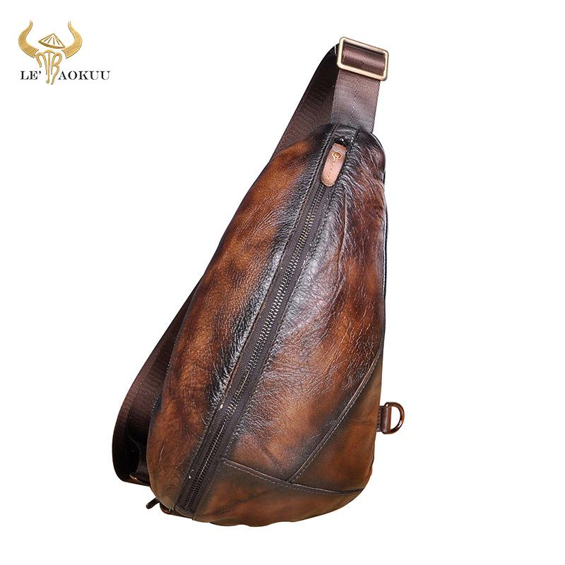 

Genuine Leather Men Casual Fashion Coffee Travel Triangle Chest Sling Bag Design 7" Tablet Shoulder Daypack Male 5059 Waist Bags