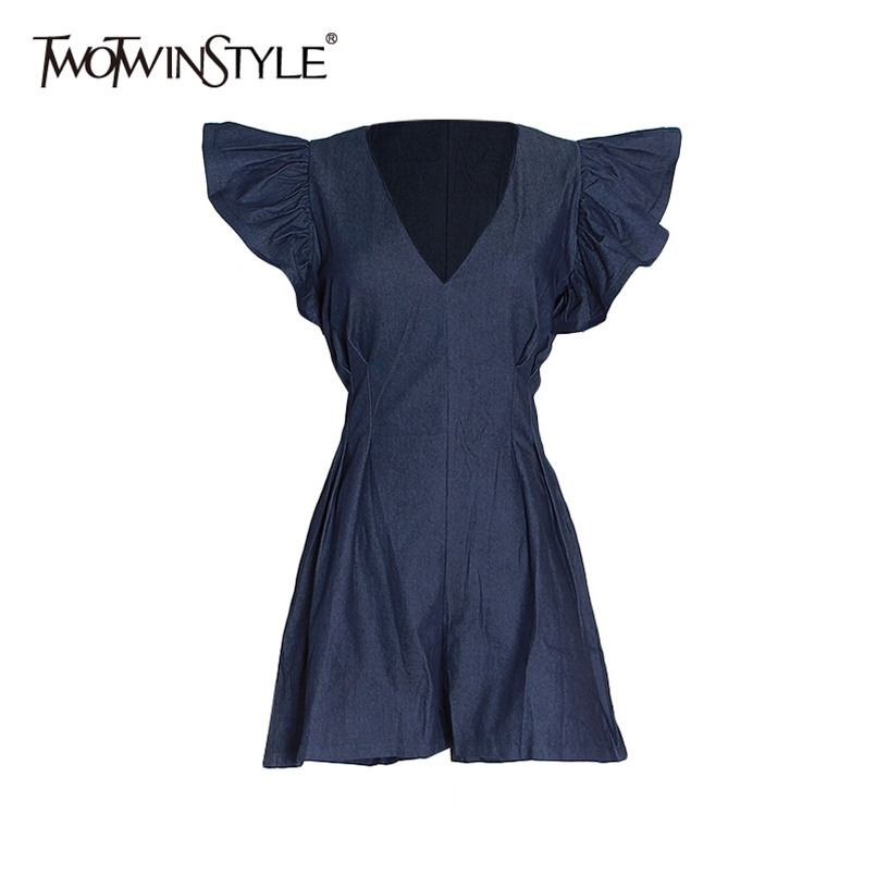 

Patchwork Ruffle Zipper Jumpsuit For Women V Neck Short Sleeve High Waist Wide Leg Pants Casual Jumpsuits Female 210521, Black