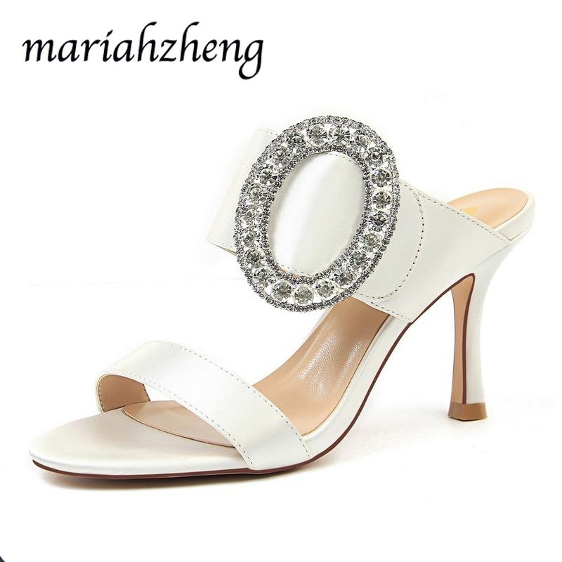 

Slippers Meriahzheng 8.5CM Fashion Sexy Evening High-Heel Metal Large Rhinestone Buckle Satin Word With Women's Sandals And DS, Black