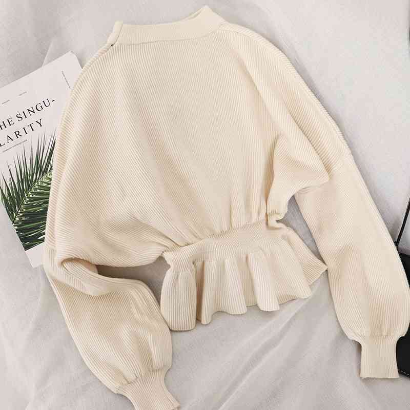 

Women Sweater Two Piece Sets Spring Autumn Batwing Sleeve Ruffles Pullover Wrap Skirt Outfits Woman Elegant Knitt Clothing 210602, Khaki