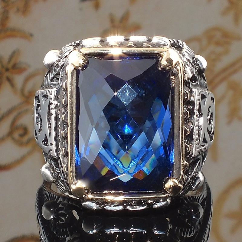 

Cluster Rings Vintage Punk Large Blue Stone Hip Hop Carved Geometric Cut Zircon Finger For Men's Jewelry Bague Homme Z4Q939