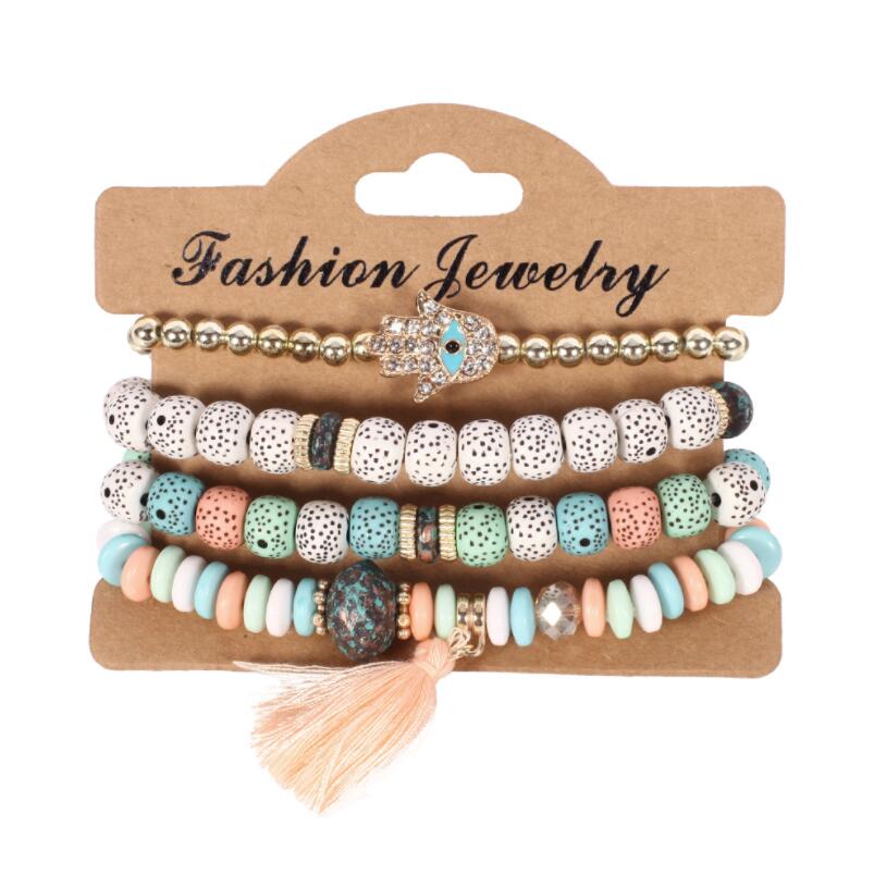 

Bohemian Stackable Bodhi Beaded Evil Eye Fatima Hand Bracelet Set for Women Girl Men Boy Stretch Tassel Resin Unisex Holiday Jewelry Gift