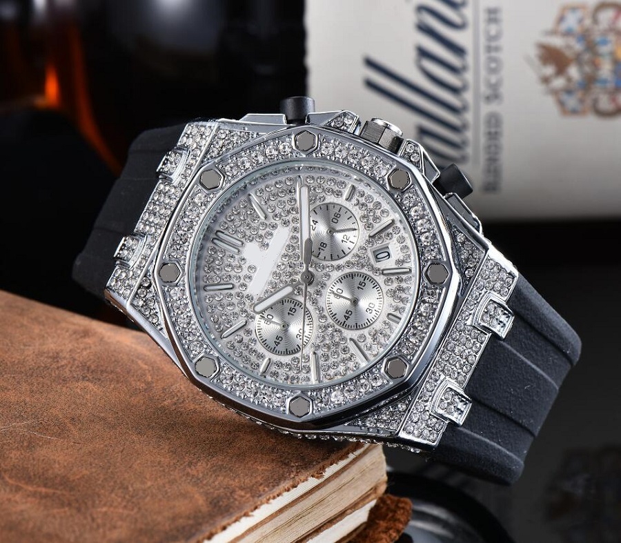 

All Dials Working DAY DATE mens diamonds watches Sapphire Glass watch stopwatch 43MM men black silicone male Wristwatches, As pic