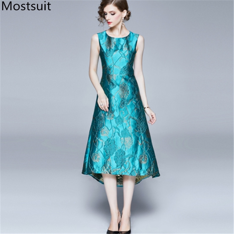 

Runway Fashion Vintage Jacquard Long Dress Women Sleeveless O-neck Elegant High Quality Ladies Party Evening Vestidos Dresses 210518, Green