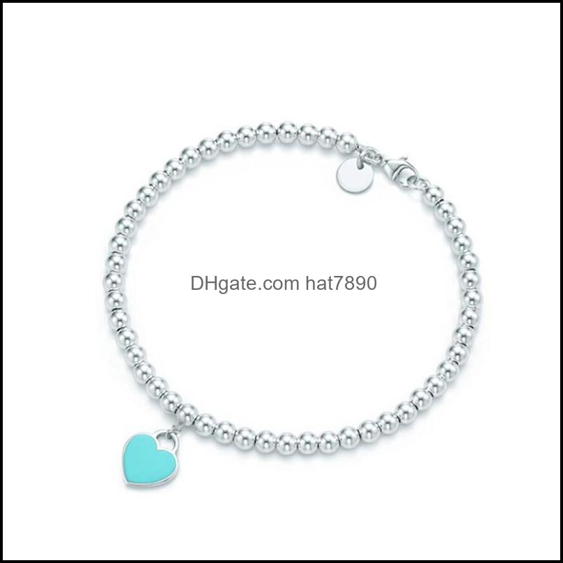 

Bracelets Jewelry Link, Chain S925 Sterling Sier Ladies Classic Enamel Heart-Shaped Tag 4M Bead Bracelet European And American Holiday Gifts