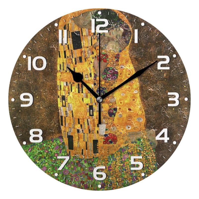 

Wall Clocks Gustav Klimt Oil Painting Art Round Clock Battery Operated Non-Ticking Silent Watch For Living Room Bedroom Home Decor