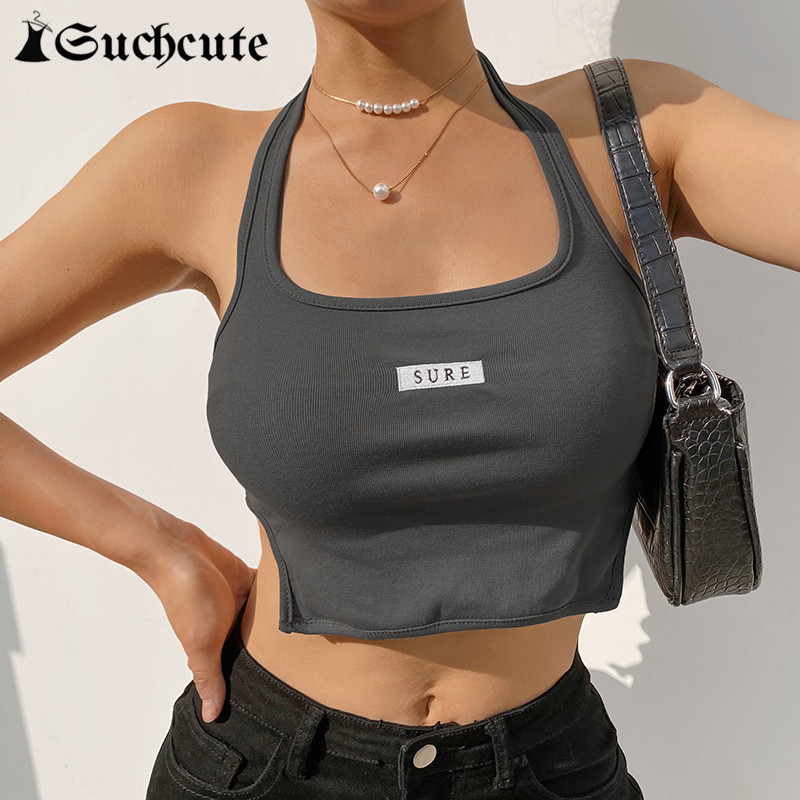 

Women's Tanks & Camis Streetwear Letter Print Fitness Crop Tops For Women Summer Casual Basic Halter Korean Style 90s Outfits TEO, Gray