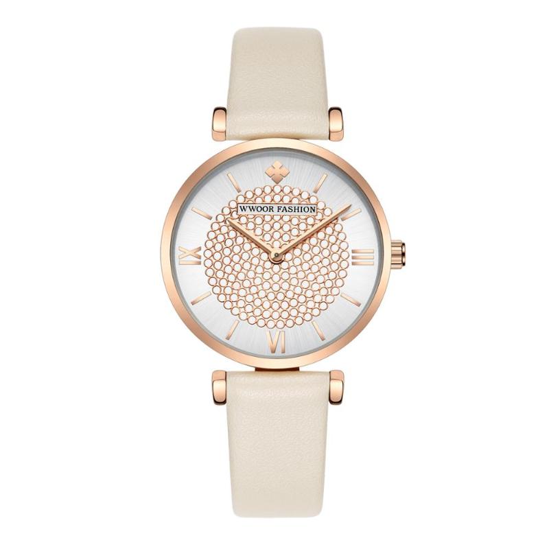 

Wristwatches Ladies Dress Quartz Watches WWOOR Fashion Sports White Genuine Leather Womend Watch Top Luxury Diamond Lady Gifts, Red