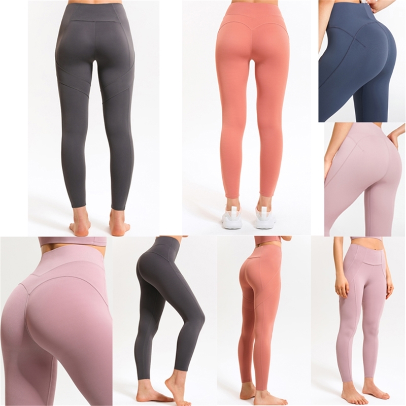 

lu Womens lulu leggings Pocket Yoga Pants Women Align High Waist Hip lifting Buttocks Stretch Running Sports Fitness vfu Splicing Pant Peach, Black;white