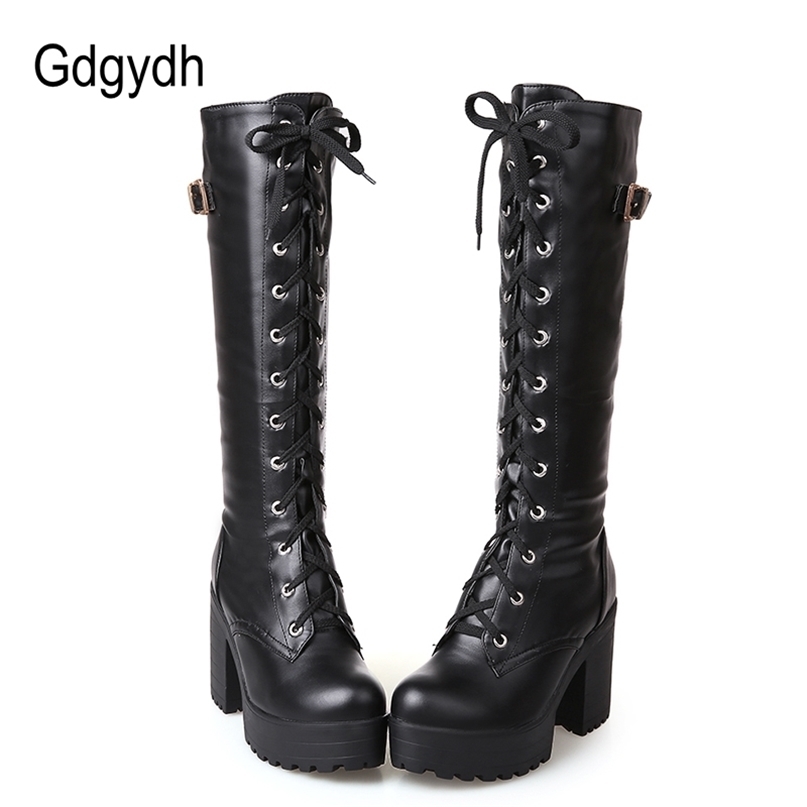 

Gdgydh Sale Spring Autumn Lacing Knee High Boots Women Fashion White Square Heel Woman Leather Shoes Winter PU Large Size 43 220224, Black shoes