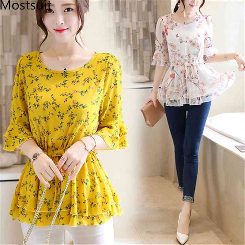 

Summer Chiffon Printed Tunic Blouses Women Plus Size Flare Sleeve O-neck Ruffles Pullovers Tops Korean Casual Elegant Blusas 210518, 09