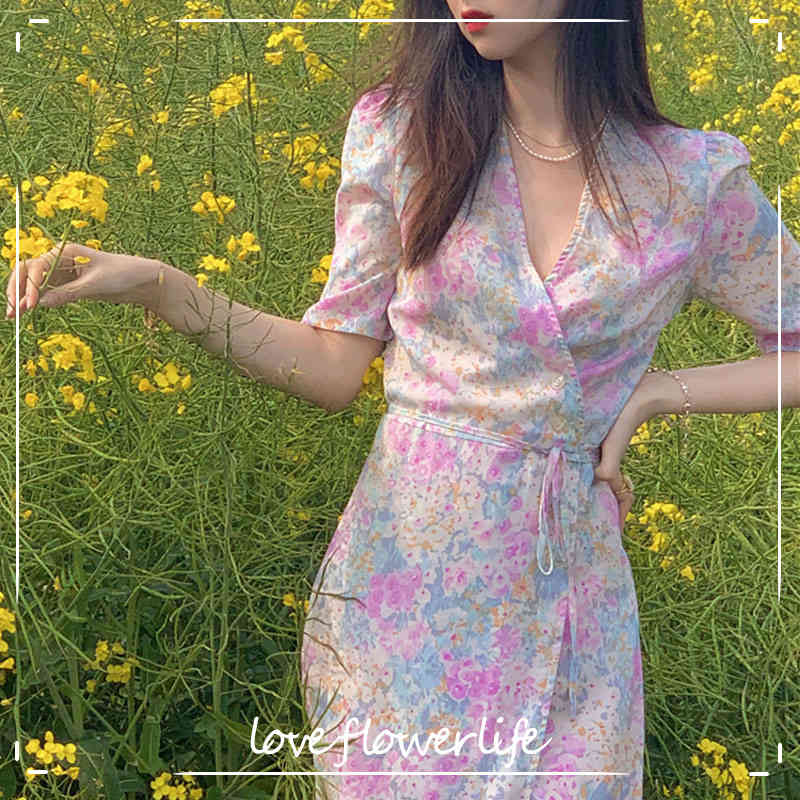 

Women's Summer Dress Short Sleeve Floral Design Vintage Midi Dress Casual Dress Korean Office Lady Bandage Y2K 210521, As picture
