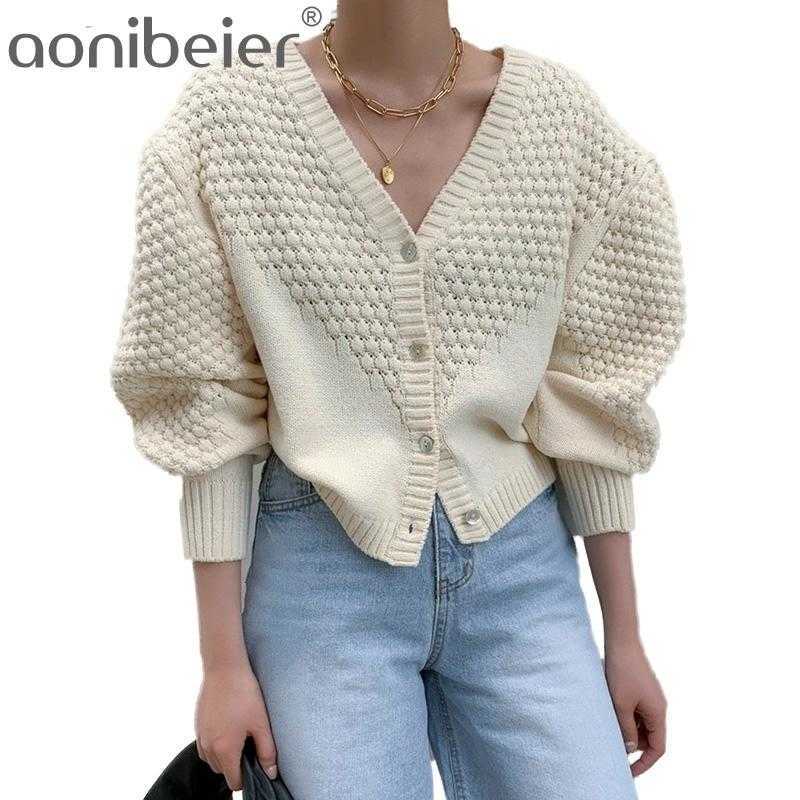 

Elegant Korean V Neck Puff Sleeve Knitted Coat Cardigan Women Autumn Winter Solid Patterns Sweater Cardigans 210604, Khaki