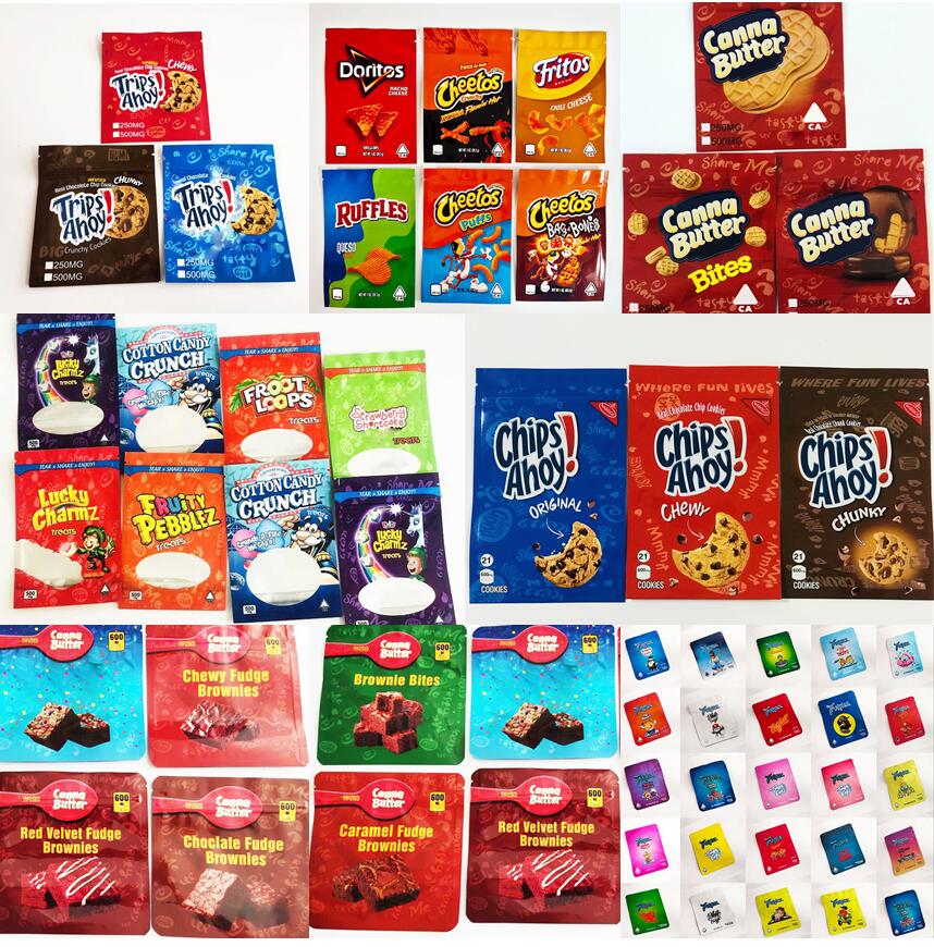 

INFUSED CHIPS CEREAL TREATS CHOCOLATE brownie MYLAR BAGS RUNTZ chesters fries CANNA BUTTER TRIPS AHOY goldfish baked snack crackers EDIBLES PACKAGING 2021
