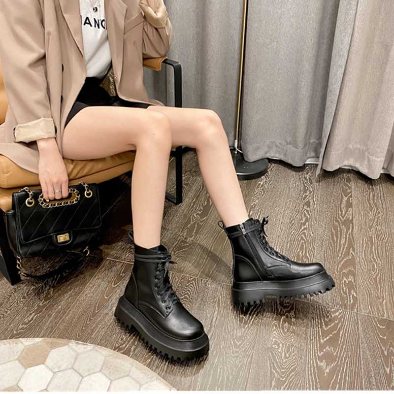 

Boots 2021 Summer And Autumn Thick-soled High-rise Platform Short Women's Tube Lace-up Motorcycle, Black