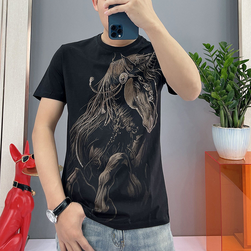 

Men's live broadcast 2021 summer trend European Pegasus drill short sleeve t-shirt Top t shirt Tee Tops Polo, Black