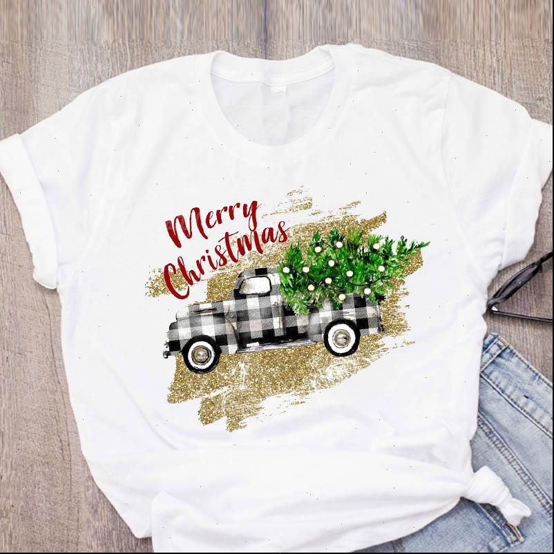 

Women Graphic Tops Plaid Truck Tree Short Sleeve Merry Christmas Print Lady Tees Clothing Female T Shirt, White