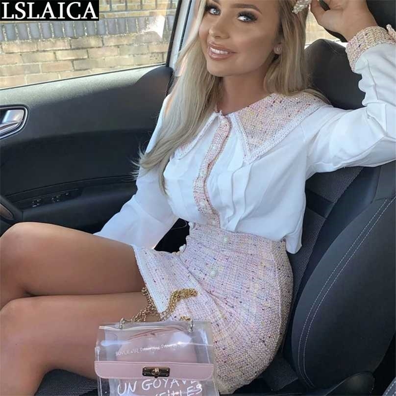 

2 Piece Sets Outfits Autumn Patchwork Skirt And Top Set Casual Fashion Office Party For Women Roupas Femininas 211106, Pink