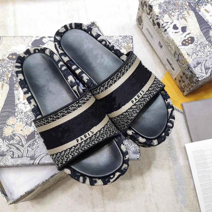 

2021 Blue Oblique Cotton Platform Mules Wedge Heel Sandals Jacquard Real Leather Luxury Women Shoes, 005