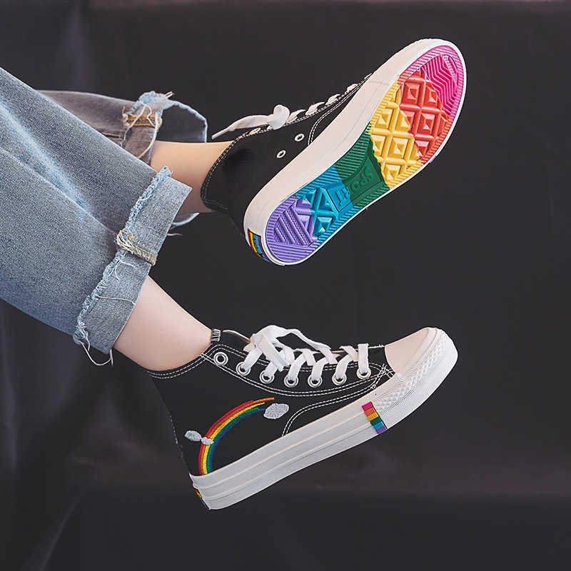 

Women's Fashion 2020 Vulcanized Shoes Woman Sneakers New Rainbow Retro Canvas Shoes Flat Fashion Comfortable High Shoes Women Y0907, White