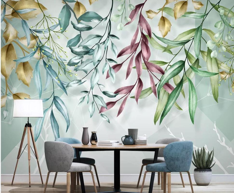 

Nordic Tropical Wallpaper Watercolor Leaf Mural Hand Painted Creative 3D Wall Paper Geometric Murals Contact Custom Wallpapers, White
