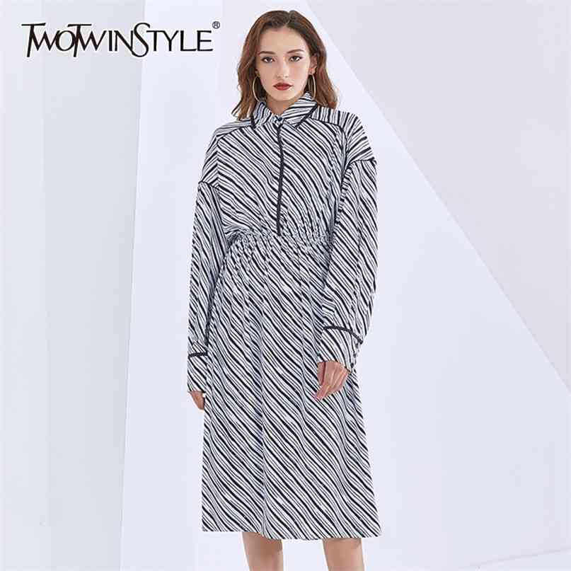 

Loose Striped Dress For Women Lapel Lantern Long Sleeve High Waist Elegant Midi Dresses Female Clothing 210520, Aspicture
