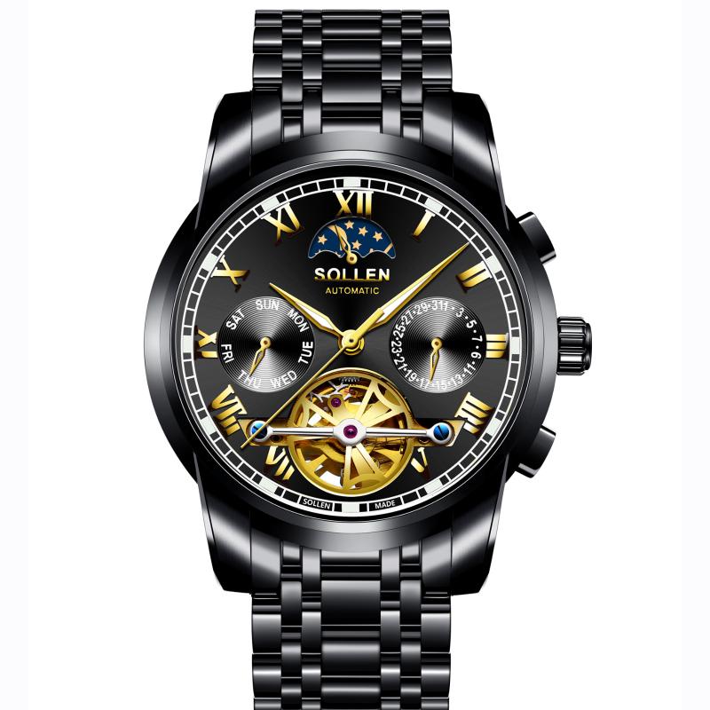 

Wristwatches Switzerland SOLLEN Men's Automatic Mechanical Watches Multi-function Luminous Moon Phase Sapphire Clock SL804, Black