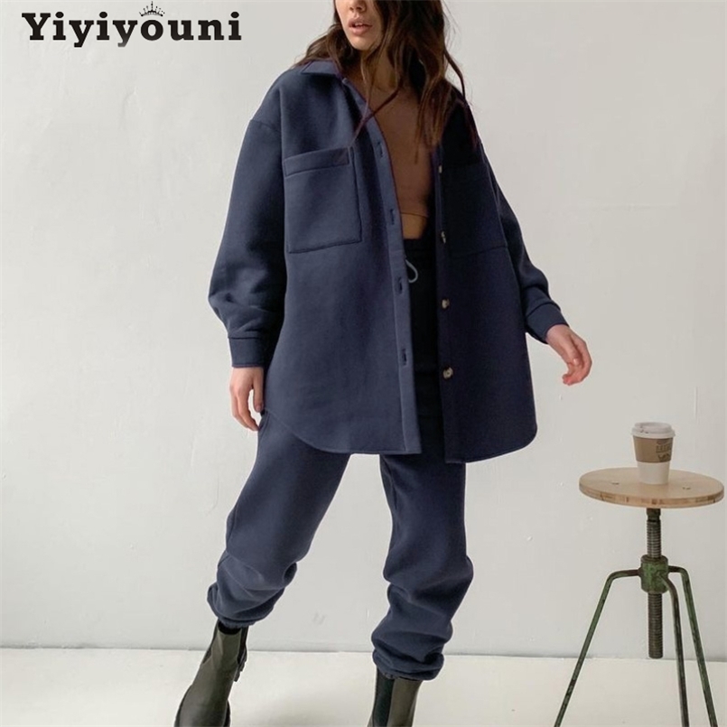 

Yiyiyouni Single Breasted Flocking Winter Jacket and Pants Two Piece Sets Women Oversize Warm Coats Female Fleece Pants 211109, Se21106-green