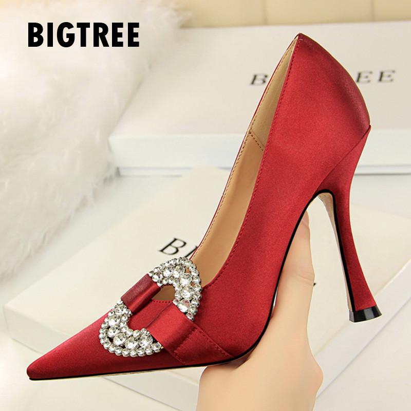 

Dress Shoes Classics Shallow Women Pumps Vintage Round Decoration Crystal Female Thin High Heels Autumn Wedding Party Woman Zapatos, Black