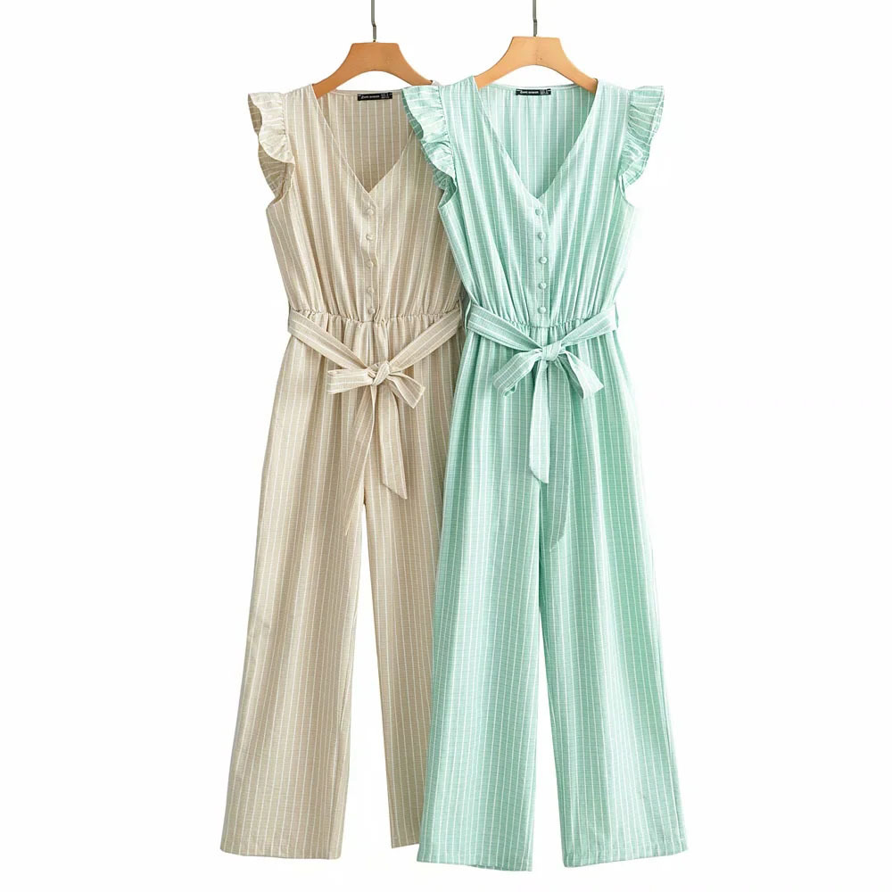 

BBWM Jumpsuit Women Summer Sexy V-Neck Sleeveless Bandage Elegant Female Long Overall Casual Rompers Womens Rompers 210520, Green