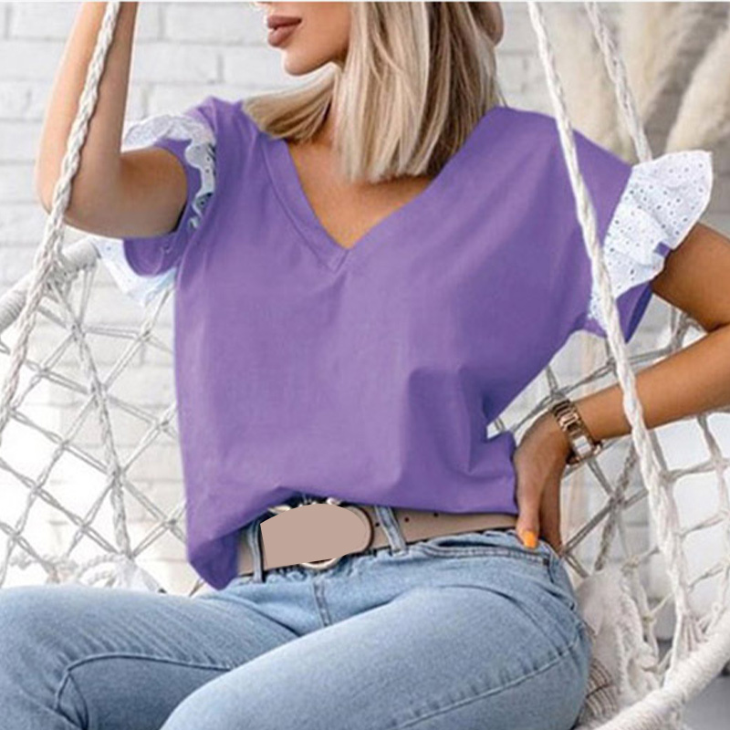 

Plus Size 3XL Ruffles Short Sleeve T-shirts Women Solid V-neck Loose T-shirt Elegant All-match Summer Casual Ladies Top 210518, Khaki