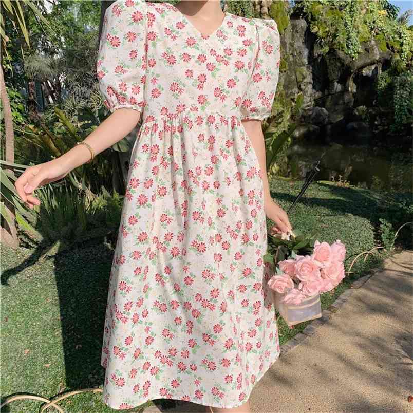 

Women Dress Summer Korean Chic Ladies Round Neck Puff Sleeve Flower Casual Loose Boho Vestidos 210519, Photo color