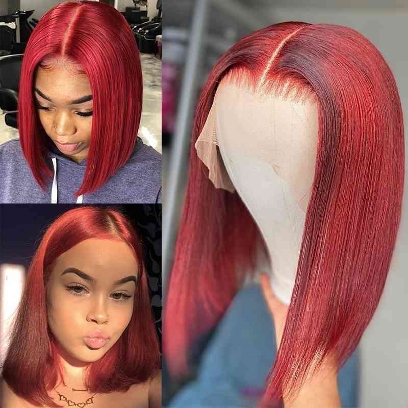 

Short Natural Hairline 16Inches Cut Bob Wine Red Color Straight Lace Front Wigs For Black Women Synthetic With Baby Hair 99j, Ombre color