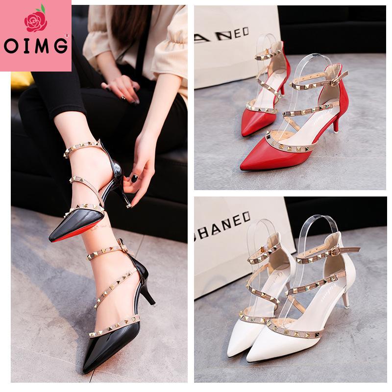 

Women's Shoes Rivets Sandals Female Summer Thick With Fine High-heeled Pointed Stiletto Sexy Nightclub Word 2021 Dress, Black