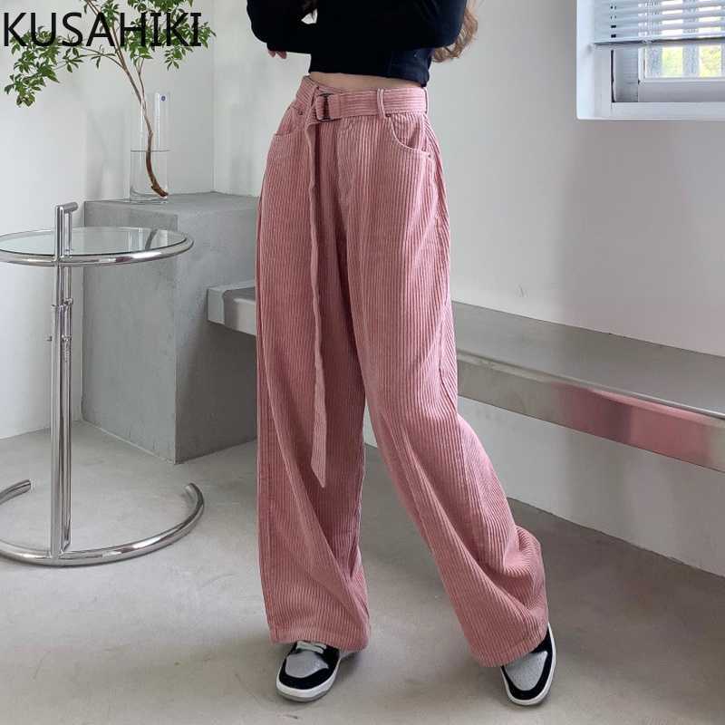 

Corduroy Belt High Waist Women Pants Causal Solid Korean Long Trousers Spring Wide Lag Feminimos 6G053 210603, Pink