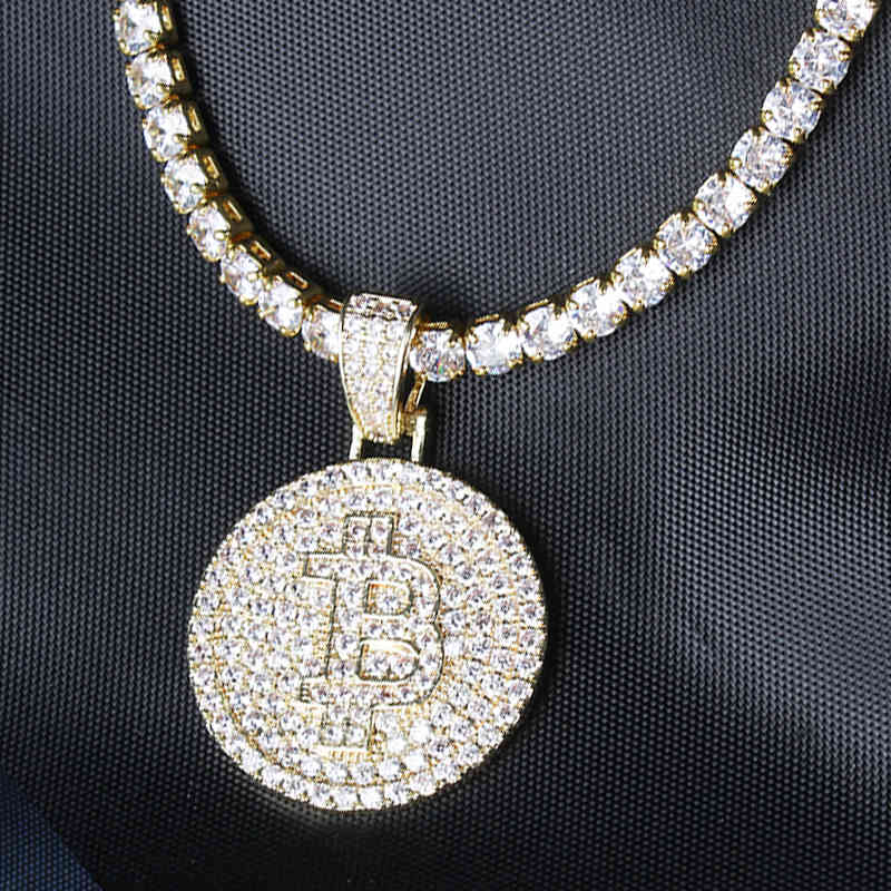 

Karopel Hip Hop Full Cubic Zirconia Bitcoin Pendant Customize 16/18/20/24 Inch Iced out Tennis Chain Fashion Necklace Party Gift X0509