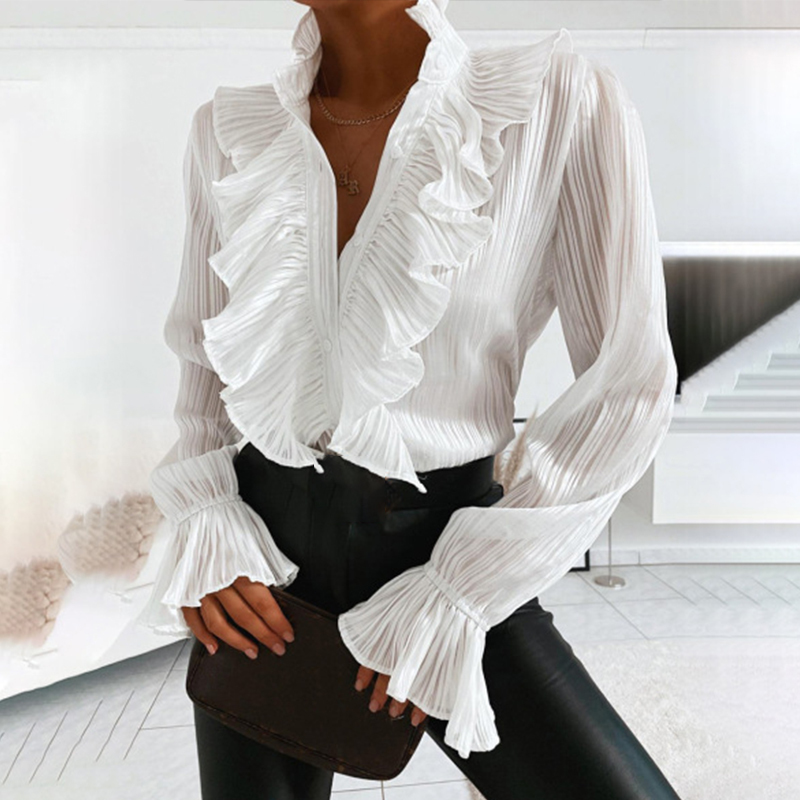 

Ruffle V-neck Long Sleeve Solid Female Blouse Loose Oversize Casual Women blouses Fashion Retro Summer Ladies Pullover Tops 210518, Pink