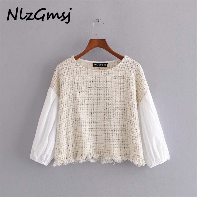 

Women Fashion Patchwork Tweed Loose Cropped Blouses Vintage Lantern Sleeve Frayed Tassel Female Shirts Chic Tops 210628, As picture