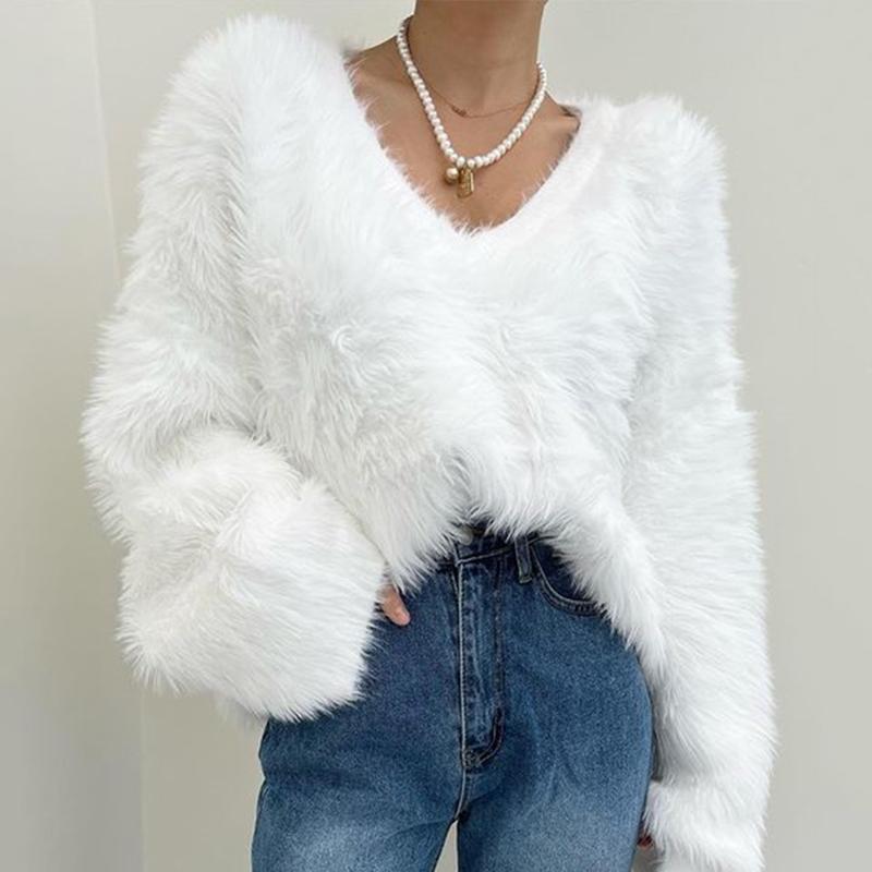 

Women's Sweaters Sweater Women 2021 Korean Fashion Elegant Wild Solid V-neck Pullover Loose Puff Sleeve Imitation Mink Wool Knit, White;black