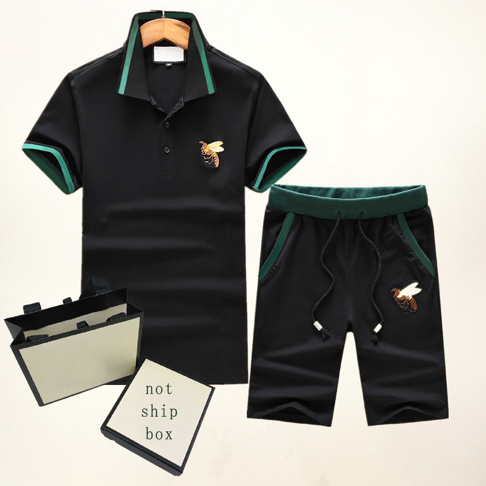 

Men Tracksuits Fashion Short Sleeve Men's Casual Suits Embroidery Bee Pattern Mens Tops Tees & Shorts Asian Size -3XL Lapel Neck, Black